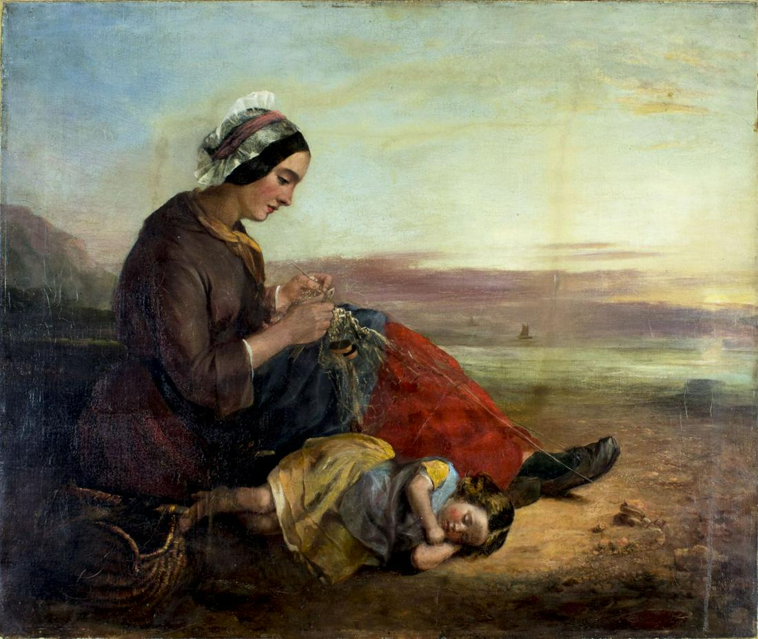 James Curnock (UK,1812-1870) oil painting antique: ARTIST: James Curnock (English, British, United Kingdom, 1812 - 1870) NAME: Mother and Child on Coast MEDIUM: oil on canvas CONDITION: Relined. Some old inpaintings. Some craquelure. SIGHT SIZE: 27 x 