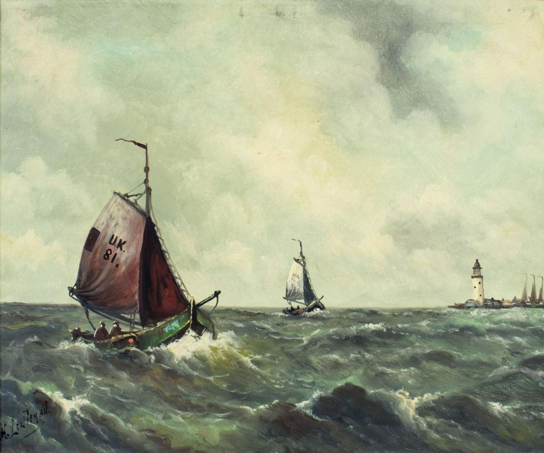 Hans Lenteman (US,1876-1953) oil painting: ARTIST: Hans Lenteman (American, 1876-1953) NAME: Seascape - Sail Boats MEDIUM: oil on canvas CONDITION: Very minor craquelure. No visible inpaint under UV light. SIGHT SIZE: 20 x 24 inches / 50 x 60