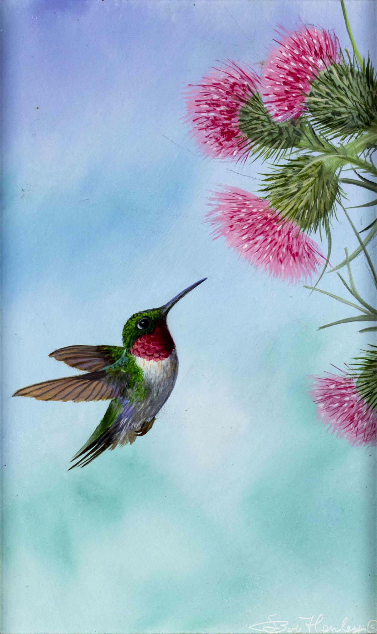 Bob Henley (VA,born 1941) oil painting: ARTIST: Bob Henley (Virginia, born 1941) NAME: Bird - Hummingbird MEDIUM: oil on board CONDITION: Excellent. No visible inpaint under UV light. SIGHT SIZE: 9 1/2 x 6 inches / 24 x 15 cm FRAME SIZE: 14