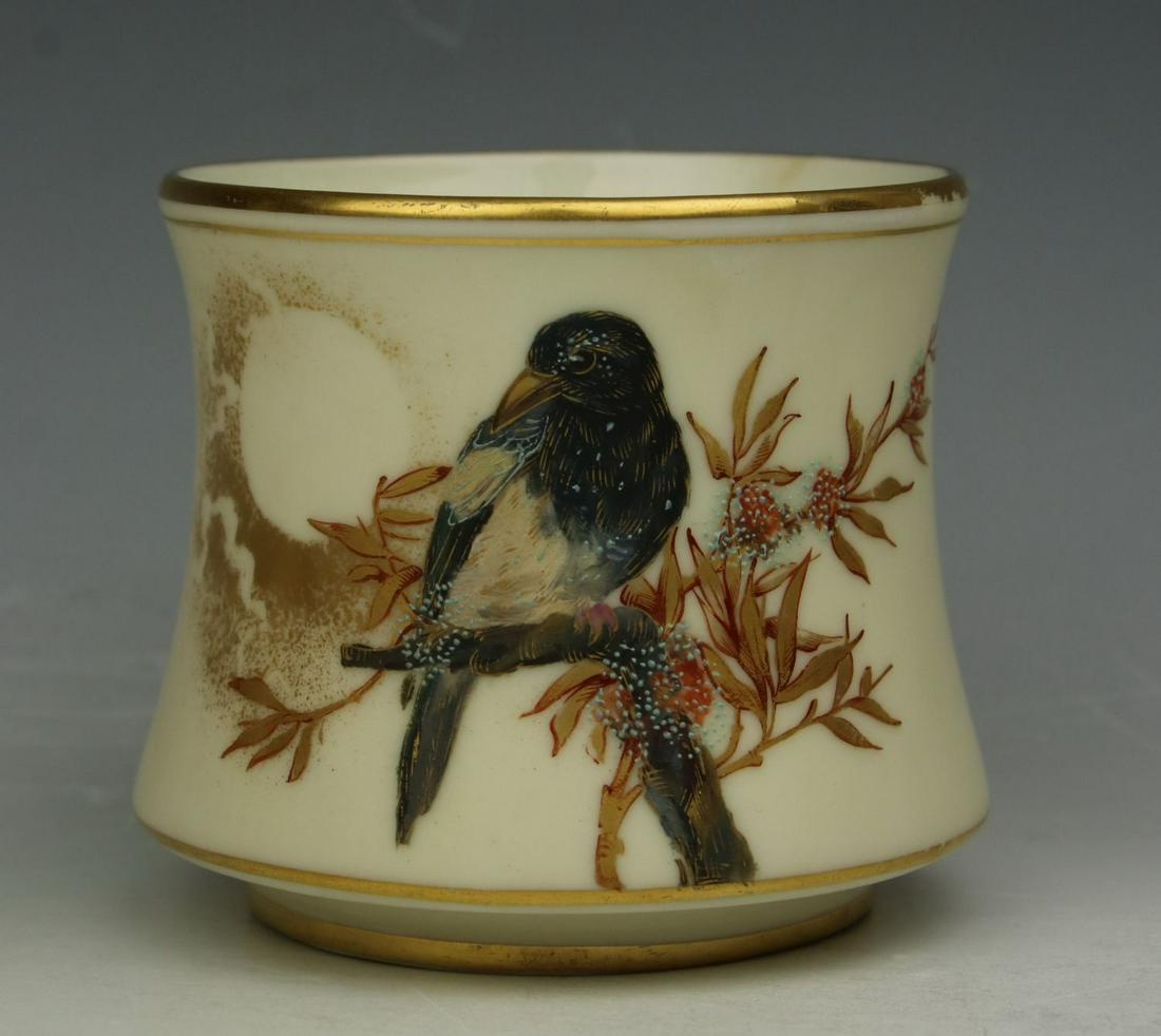 19C Royal Worcester Charles Baldwyn Cup with Crow: MANUFACTURE: Royal Worcester (ENGLAND) ARTIST: Charles Baldwyn (1859-1913) NAME: Cup with Crow NUMBER: - YEAR: 1884 CONDITION: Excellent. No chips, no cracks. HEIGHT: 2 3/4 inch / 7 cm WIDTH: 3 inch /