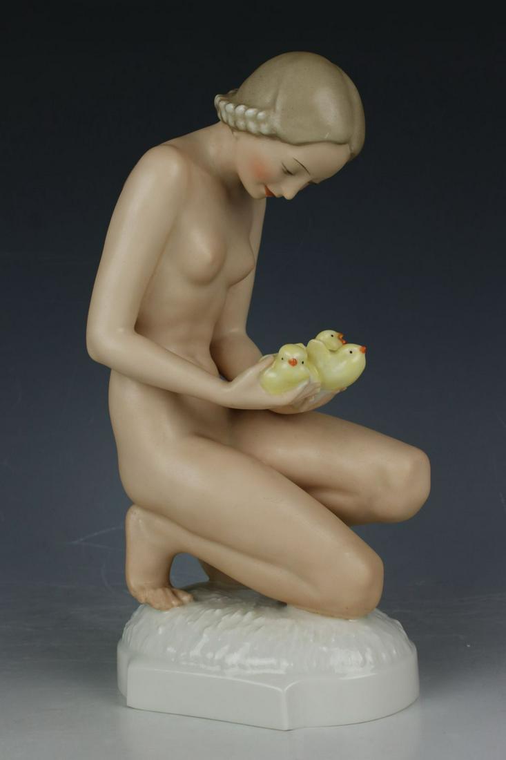 Hutschenreuther Figurine "Spring Children": MANUFACTURE: Hutschenreuther (GERMANY) SCULPTOR: Carl Werner in 1939 NAME: Spring Children (Nude with Chicks) NUMBER: 1777 YEAR: 1946 - 1948 CONDITION: Excellent. No chips, no cracks. HEIGHT: 9 inch /
