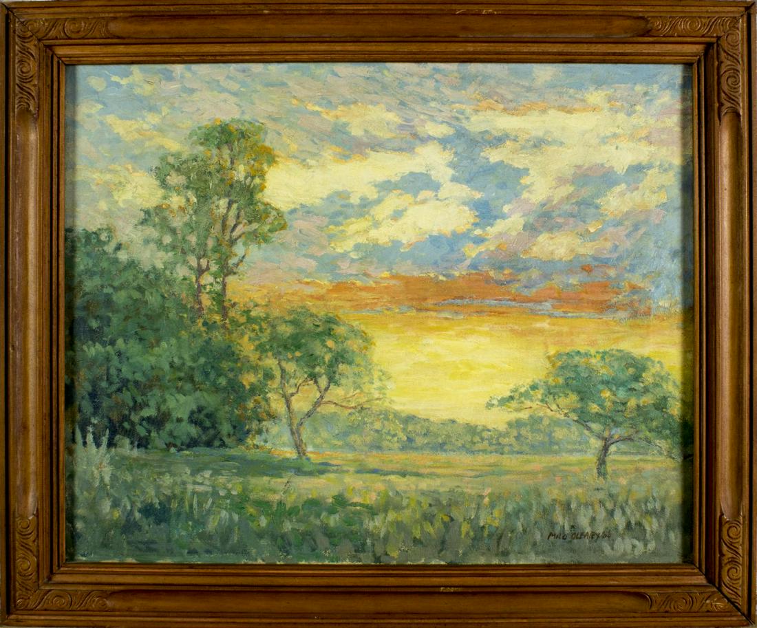 Milo O'Leary (MI,1902-1986) oil painting: ARTIST: Milo O'Leary (Michigan, 1902 - 1986) NAME: Sunset Landscape YEAR: 1936 MEDIUM: oil on canvas CONDITION: Minor craquelure. No visible inpaint under UV light. SIGHT SIZE: 16 x 20 inches / 40 x 5
