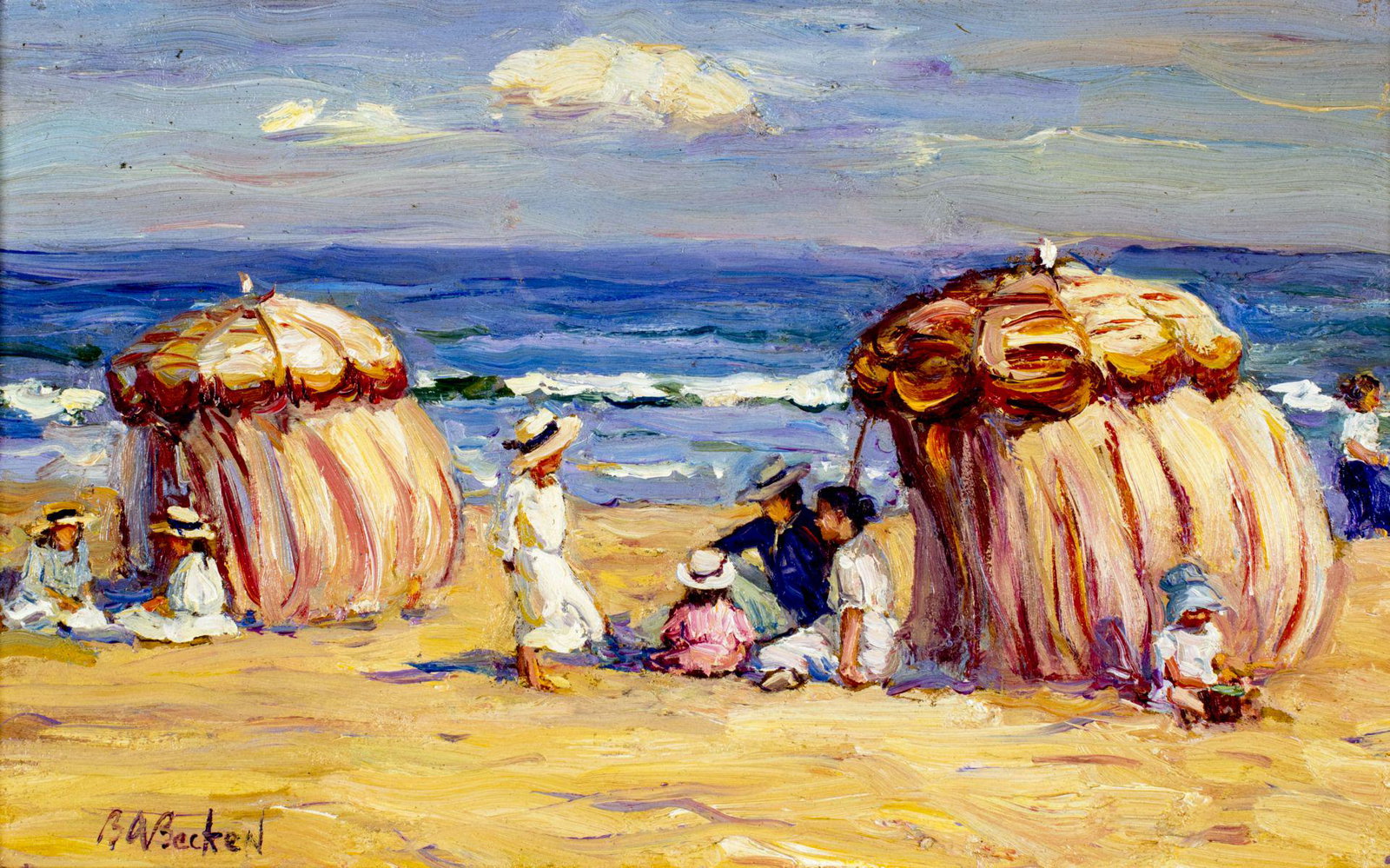 Brian Becken (RI,born 1949) oil painting: ARTIST: Brian A Becken (Rhode Island, born 1949) NAME: Wind Blown Cabana's MEDIUM: oil on board CONDITION: No visible inpaint under UV light. Minor wear to frame. SIGHT SIZE: 7 x 10 1/2 inches / 18 x 