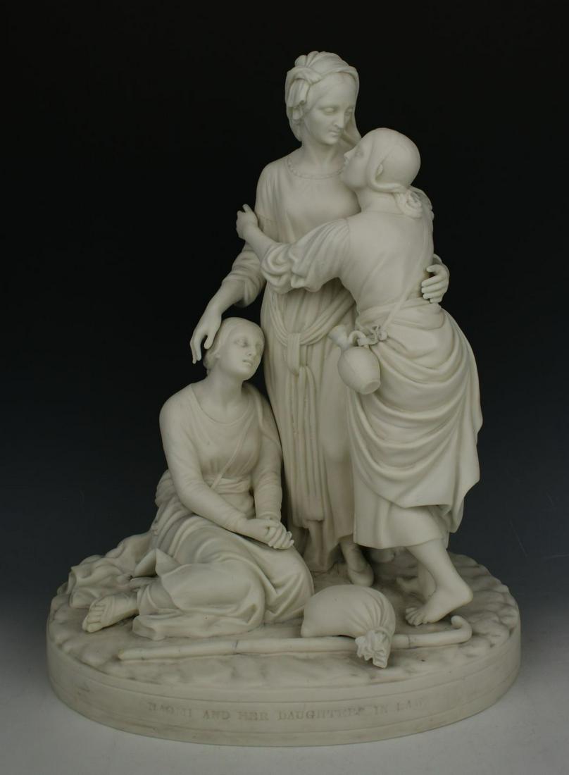 19C Minton parian figurine "Naomi and Her Daughters in: MANUFACTURE: Minton (ENGLAND) SCULPTOR: - NAME: Naomi and Her Daughters in Law YEAR: circa 1850 CONDITION: Very good. Manufacturing crack on back side of base. Few minor chips. HEIGHT: 13 inch / 33 cm