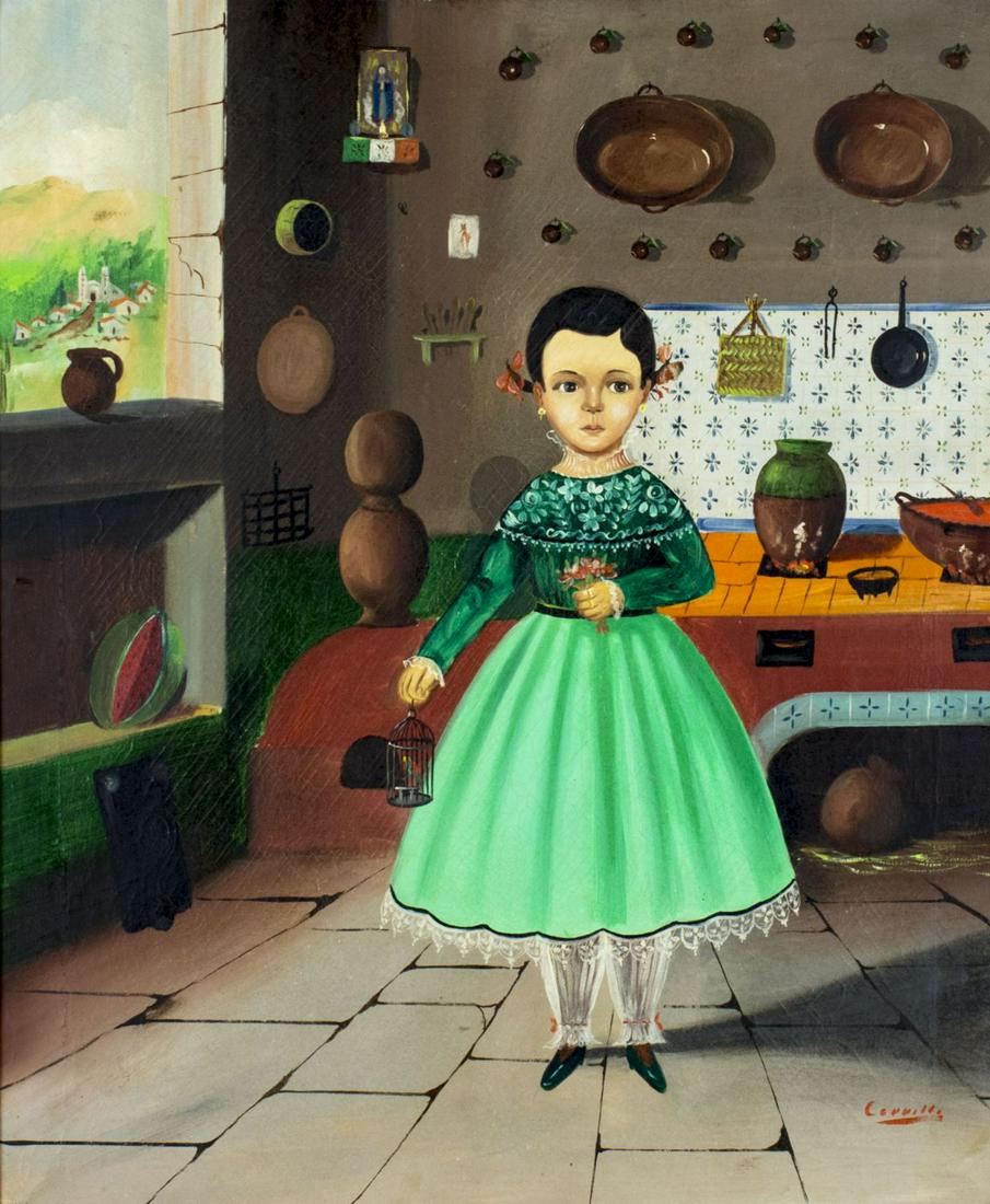 Lilia Carrillo (Mexico,1930-1974) oil painting: ARTIST: Lilia Carrillo (Mexican, 1930 - 1974) NAME: Girl in Kitchen MEDIUM: oil on canvas CONDITION: Some craquelure. No visible inpaint under UV light. SIGHT SIZE: 24 x 20 inches / 60 x 50 cm FRAME S