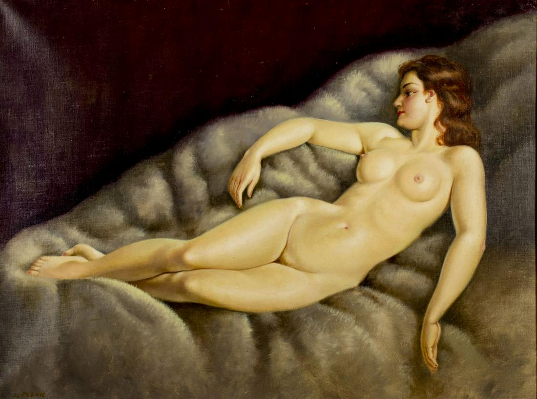 Josef Plank (Austria,b 1900) oil painting: ARTIST: Josef Plank (austrian, 1900 - ???) NAME: Reclining Nude MEDIUM: oil on canvas CONDITION: Excellent. No visible inpaint under UV light. Minor wear to frame. SIGHT SIZE: 24 x 32 inches / 60 x 80
