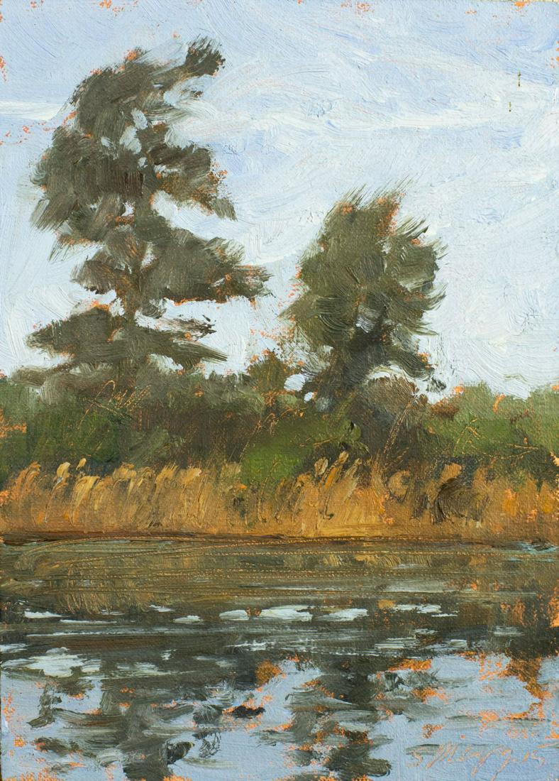 Stephen Magsig (MI,OH,born 1965) oil painting: ARTIST: Stephen Magsig (Michigan, Ohio, born circa 1965) NAME: North Wind YEAR: 2015 MEDIUM: oil on board CONDITION: Excellent. No visible inpaint under UV light. SIGHT SIZE: 7 x 5 inches / 18 x 13 cm