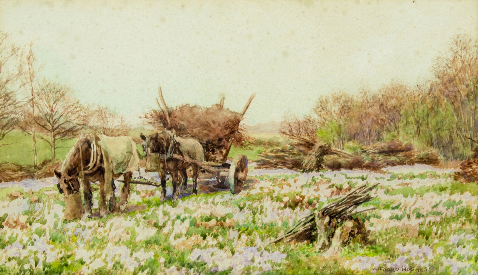 Arthur Foord Hughes (UK,1856-1934) watercolor painting: ARTIST: Arthur Foord Hughes (English, 1856 - 1934) NAME: Landscape MEDIUM: watercolor on paper CONDITION: Very good. Very minor foxing. Framed under glass. SIGHT SIZE: 7 x 13 inches / 18 x 32 cm FRAME