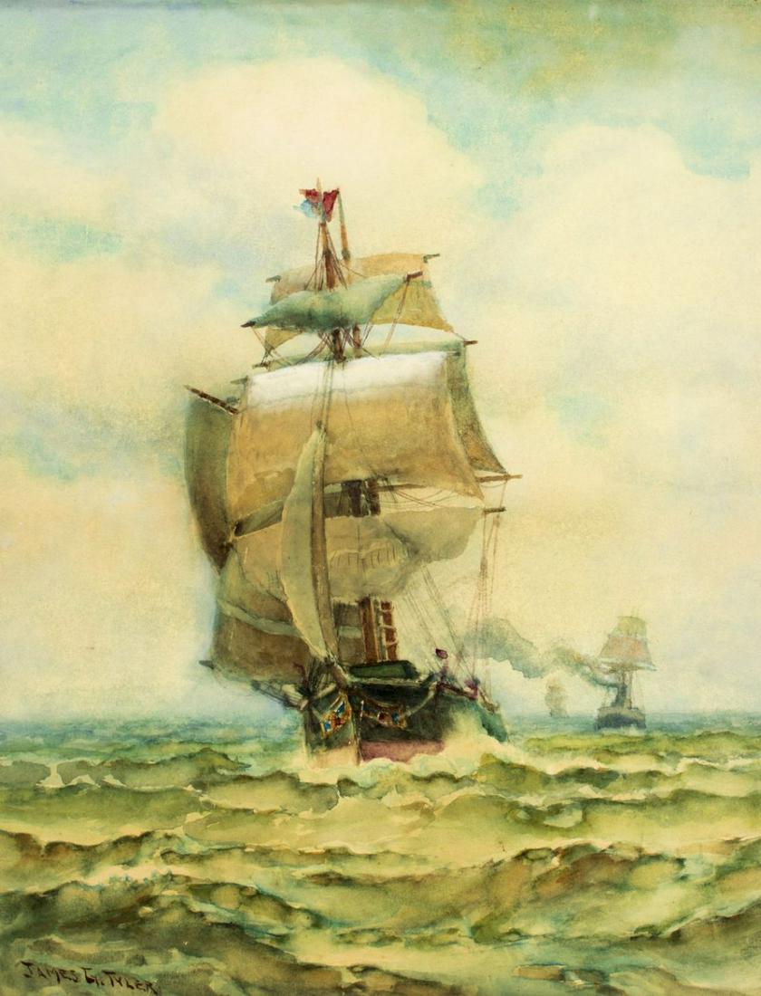James Gale Tyler (NY,CT,1855-1931) watercolor on paper: ARTIST: James Gale Tyler (Connecticut, New York, 1855 - 1931) NAME: Three Sailing Ships at Sea MEDIUM: watercolor on paper CONDITION: Excellent. Minor wear to frame. SIGHT SIZE: 12 x 15 inches / 30 x 