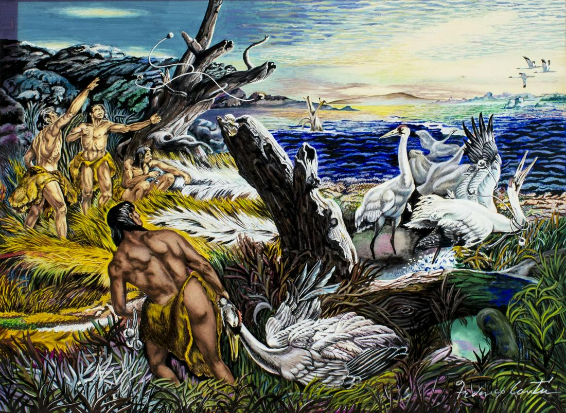 Federico Cantu (Mexico,CA,1907-1989) gouache painting: ARTIST: Federico Cantu (Mexican, California, 1907 - 1989) NAME: Bird Hunt MEDIUM: gouache on board CONDITION: Excellent. SIGHT SIZE: 14 x 19 inches / 35 x 49 cm FRAME SIZE: 15 x 20 inches / 39 x 50 cm
