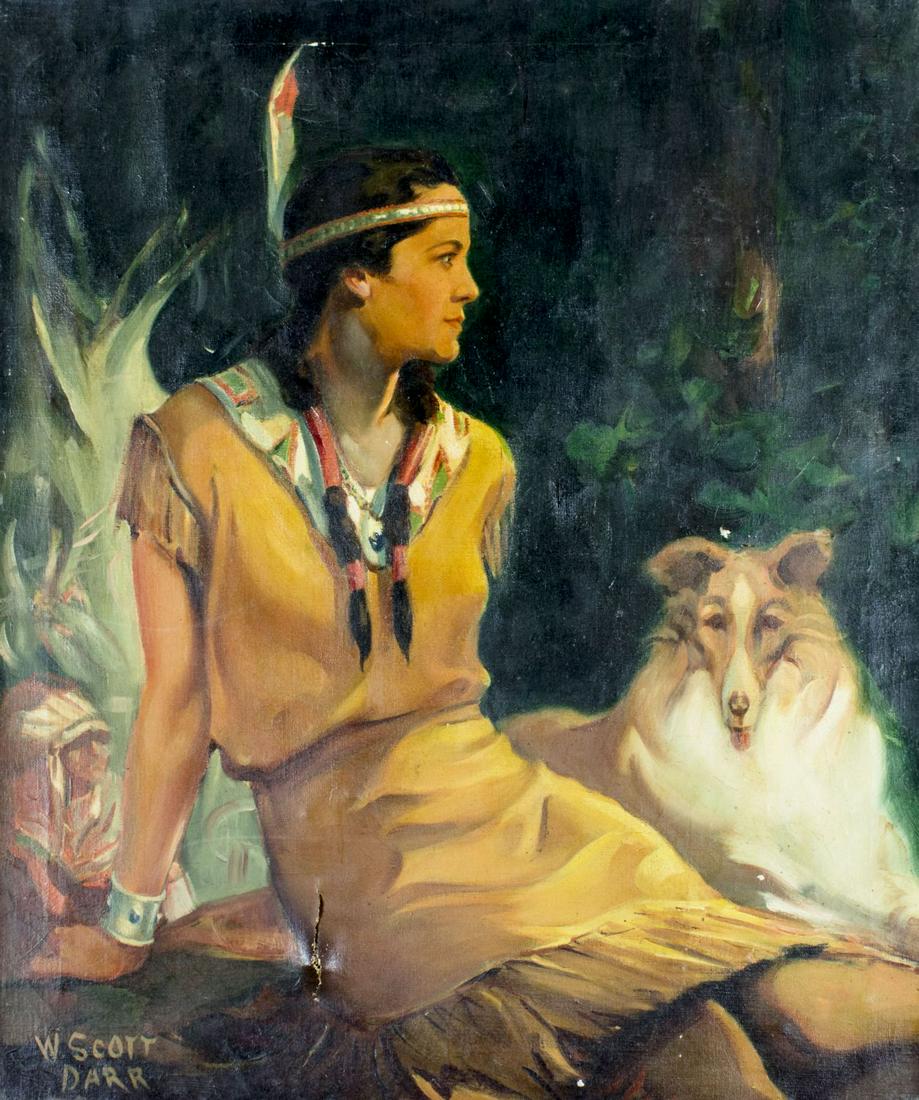 Walter Scott Darr (NY,IL,1881-1946) oil painting: ARTIST: Walter Scott Darr (New York, Illinois, 1881 - 1946) NAME: Indian Woman with Dog MEDIUM: oil on canvas CONDITION: One tear 3" long. One puncture. Minor paint losses. Minor craquelure. No visibl
