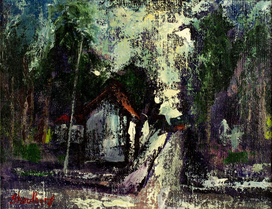 Harry Shoulberg (NY,1903-1995) oil painting: ARTIST: Harry Shoulberg (New York, 1903 - 1995) NAME: Dark House MEDIUM: oil on canvas CONDITION: Excellent. No visible inpaint under UV light. Frame is in poor condition. SIGHT SIZE: 14 x 18 inches /