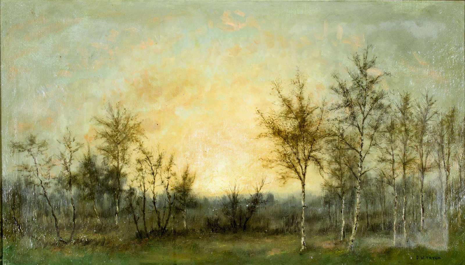 Dwight Tryon (MA,NY,CT,1849-1925) oil painting antique: ARTIST: Dwight William Tryon (Massachusetts, New York, Connecticut, 1849 - 1925) NAME: Sunset Landscape MEDIUM: oil on canvas CONDITION: One repaired 2" tear. Minor craquelure. No visible inpaint unde