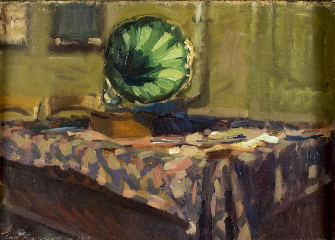 Kurt Haase Jastrow (German,1885-1958) oil painting: ARTIST: Kurt Haase-Jastrow (Germany, 1885 - 1958) NAME: Gramophone YEAR: 1919 MEDIUM: oil on cardboard CONDITION: Wear to edges. One small nail hole. No visible inpaint under UV light. SIGHT SIZE: 10 