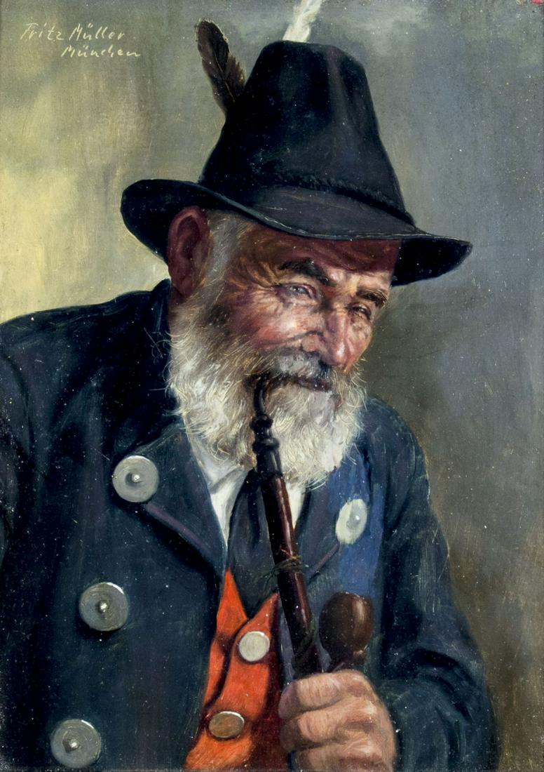 Fritz Muller (German,1913-1972) oil painting: ARTIST: Fritz Muller (Germany, 1913 - 1972) NAME: Portrait of Old Man with Pipe MEDIUM: oil on board CONDITION: Excellent. No visible inpaint under UV light. SIGHT SIZE: 9 x 7 inches / 23 x 17 cm FRAM