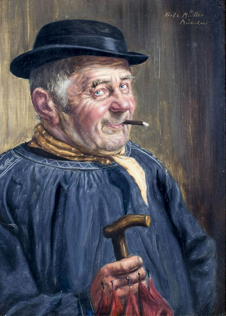Fritz Muller (German,1913-1972) oil painting: ARTIST: Fritz Muller (Germany, 1913 - 1972) NAME: Portrait of Old Man with Cane MEDIUM: oil on board CONDITION: Excellent. No visible inpaint under UV light. SIGHT SIZE: 9 x 7 inches / 23 x 17 cm FRAM