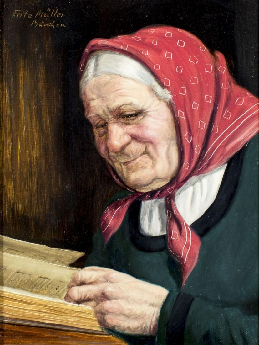 Fritz Muller (German,1913-1972) oil painting: ARTIST: Fritz Muller (Germany, 1913 - 1972) NAME: Portrait of Old Woman with Book MEDIUM: oil on board CONDITION: Excellent. No visible inpaint under UV light. SIGHT SIZE: 9 x 7 inches / 23 x 17 cm FR