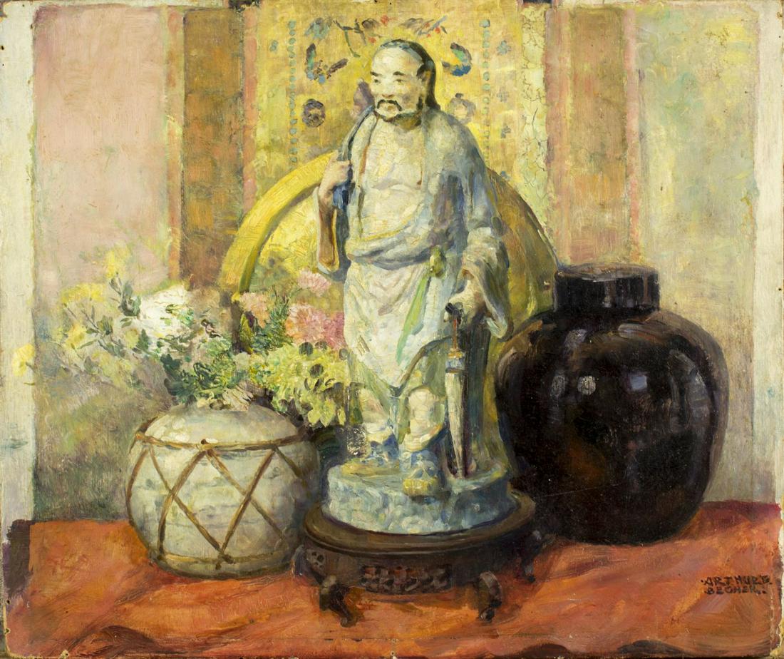 Arthur Becher (NY,WI,German,1877-1960) oil painting: ARTIST: Arthur Ernst Becher (New York, Wisconsin, Germany, 1877 - 1960) NAME: Still Life with Figure of Chinese Man MEDIUM: oil on board CONDITION: Minor damages along edges. No visible inpaint under