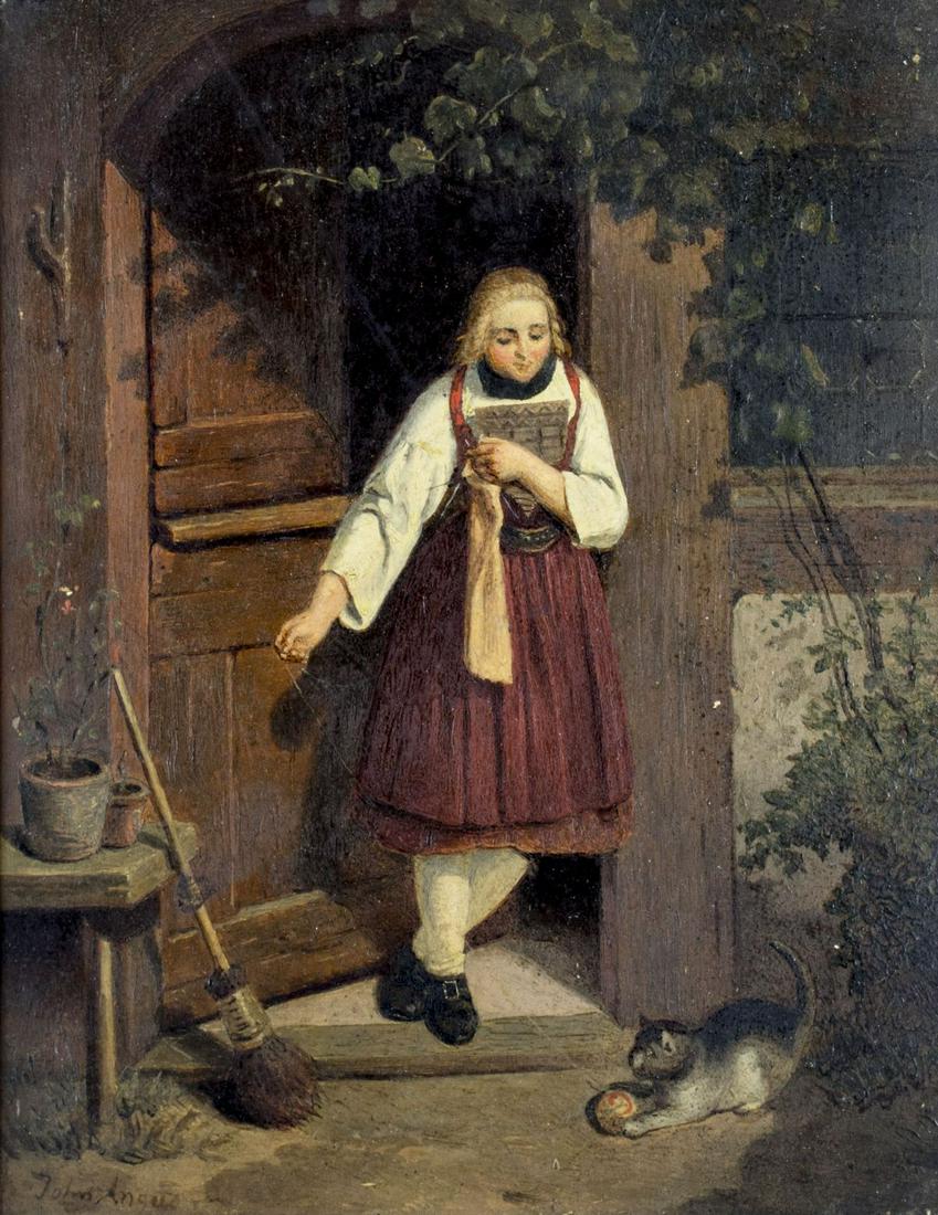 John Angus (Flemish,1821-1874) oil painting antique: ARTIST: John Angus (Flemish, Belgium, 1821 - 1874) NAME: Girl in Doorway MEDIUM: oil on board CONDITION: Very good. No visible inpaint under UV light. Some damages to frame. SIGHT SIZE: 7 x 6 inches /