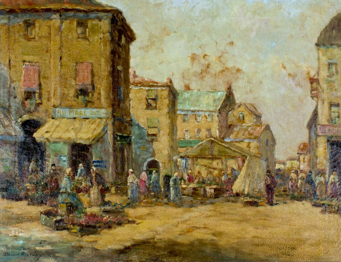 Dennis Ainsley (IL,1880-1952) oil painting: ARTIST: Dennis Ainsley (Illinois, 1880 - 1952) NAME: Normandy Flower Market MEDIUM: oil on canvas CONDITION: Minor craquelure. No visible inpaint under UV light. Wear to frame. SIGHT SIZE: 20 x 26 inc