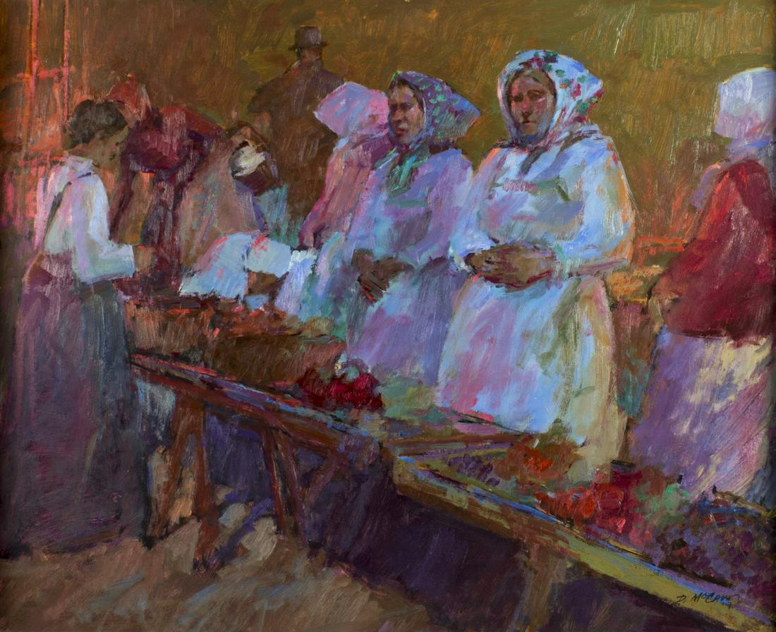 Dan McCaw (CA,MT,born 1942) oil painting: ARTIST: Dan McCaw (California, Montana, born 1942) NAME: Farmers Market MEDIUM: oil on board CONDITION: Excellent. No visible inpaint under UV light. SIGHT SIZE: 24 x 30 inches / 60 x 75 cm FRAME SIZE