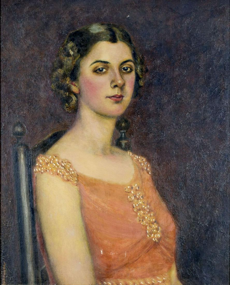 Jane Zimmerman (MD,1871-1955) oil painting: ARTIST: Jane Zimmermann (Maryland, 1871 - 1955) NAME: Portrait of Woman MEDIUM: oil on canvas board CONDITION: Minor craquelure in lower left corner only. Very minor paint losses (just few flakes). No