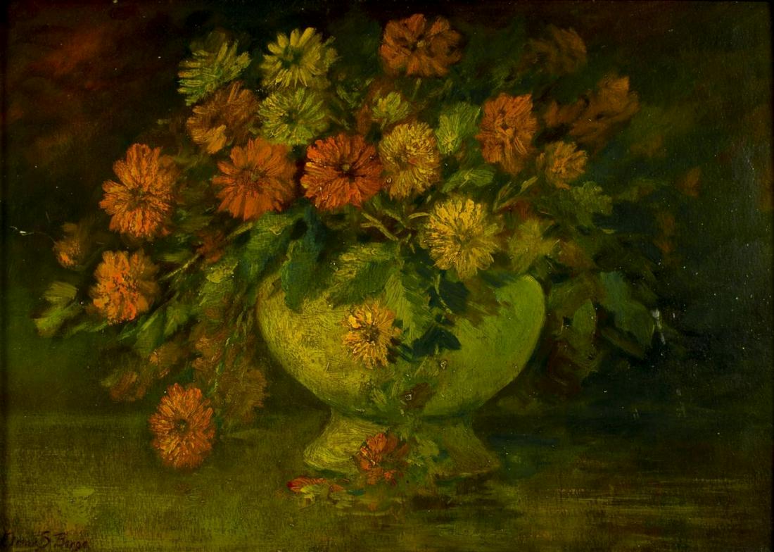 Elmer S Berge (american,1892-1956) oil on board: ARTIST: Elmer S Berge (Minnesota, Norway, 1892 - 1956) NAME: Still Life with Flowers MEDIUM: oil on board CONDITION: Excellent. Small scratch. Minor normal wear to frame. SIGHT SIZE: 21 x 14 1/2 inche