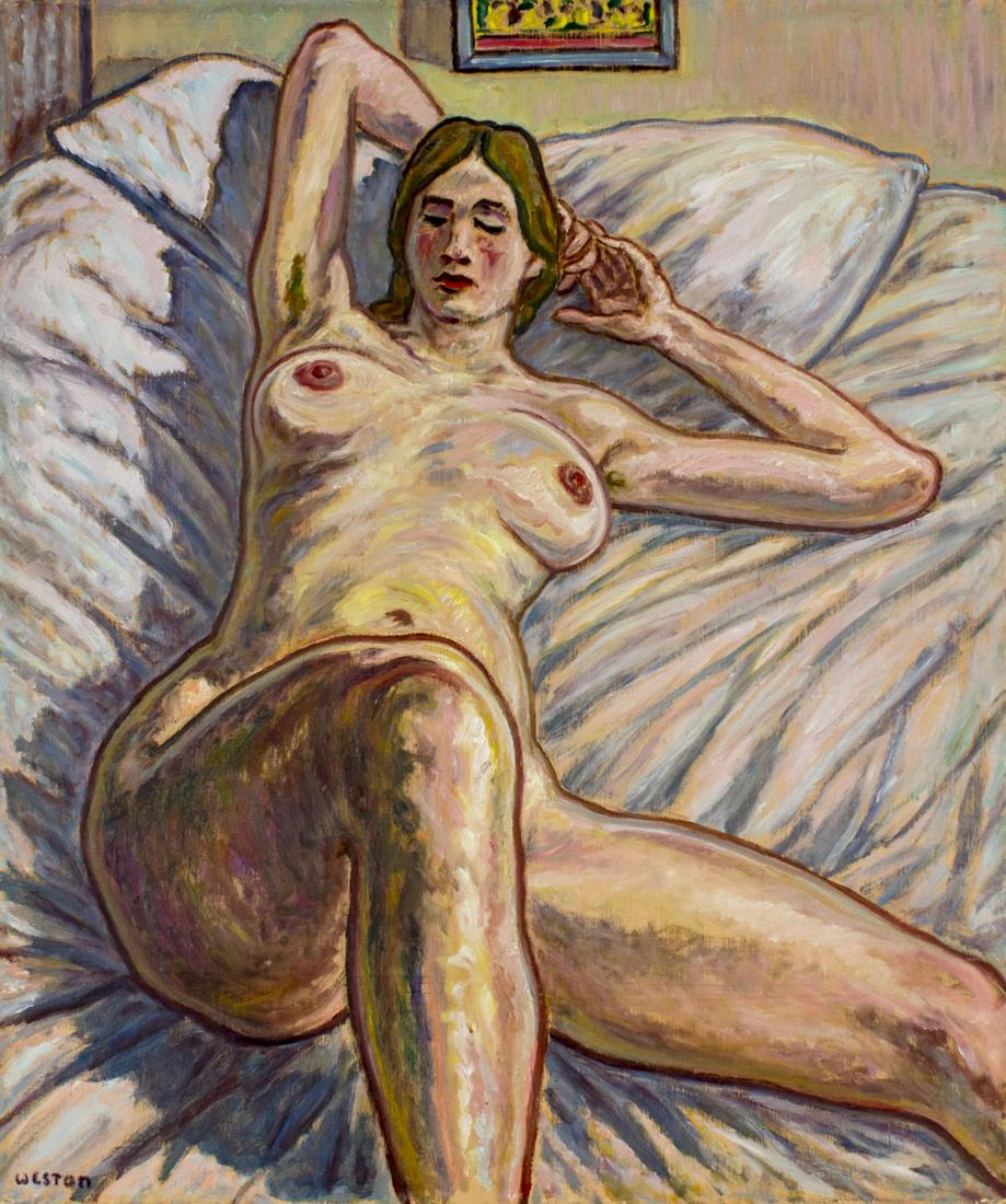 Harold Weston (VA,NY,1894-1972) oil painting antique: ARTIST: Harold Weston (Virginia, New York, 1894 - 1972) NAME: Nude - Pride (titled on stretcher) YEAR: 1933 MEDIUM: oil on canvas CONDITION: Very good. No visible inpaint under UV light. SIGHT SIZE: 3