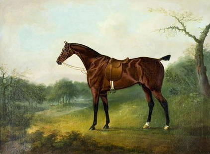 Daniel Clowes (UK,1774-1829) oil painting antique: ARTIST: Daniel Clowes (British, 1774 - 1829) NAME: Horse MEDIUM: oil on canvas CONDITION: Relined. Restretched. Few inpainted areas. Some craquelure. SIGHT SIZE: 24 x 33 inches / 60 x 83 cm FRAME SIZE