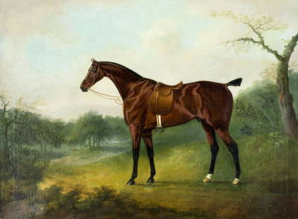 Daniel Clowes (UK,1774-1829) oil painting antique: ARTIST: Daniel Clowes (British, 1774 - 1829) NAME: Horse MEDIUM: oil on canvas CONDITION: Relined. Restretched. Few inpainted areas. Some craquelure. SIGHT SIZE: 24 x 33 inches / 60 x 83 cm FRAME