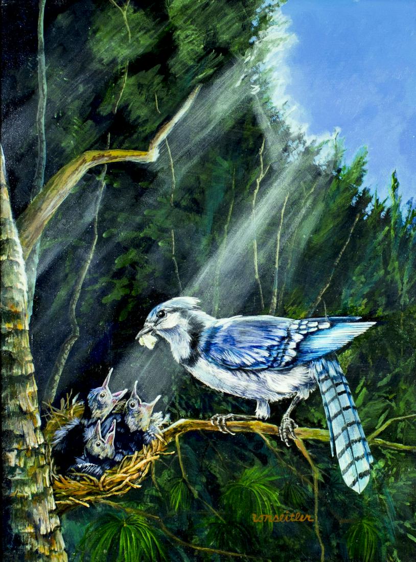 Ronald Seitler (NY,FL,b 1938) oil painting: ARTIST: Ronald Seitler (New York, Florida, born 1938) NAME: Birds - Blue Jays MEDIUM: oil on canvas CONDITION: Very good. No visible inpaint under UV light. SIGHT SIZE: 24 x 18 inches / 60 x 45 cm FRA