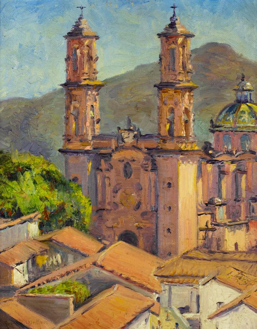 Susan Ricker Knox (NY,ME,NH,1874-1959) oil on board: ARTIST: Susan Ricker Knox (New York, Maine, New Hampshire, 1874 - 1959) NAME: Taxco MEDIUM: oil on board CONDITION: Excellent. No visible inpaint under UV light. SIGHT SIZE: 20 x 15.5 inches / 50 x 39
