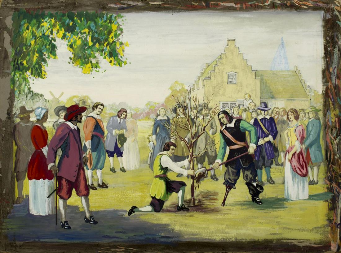 Henry Kurt Stoessel (NY,1909-1984) gouache on paper: ARTIST: Henry Kurt Stoessel (New York, Colorado, Germany, 1909 - 1984) NAME: Colonial New York City - Planting Tree MEDIUM: gouache on paper YEAR: 1933 CONDITION: Excellent. Some wear/damages to edges