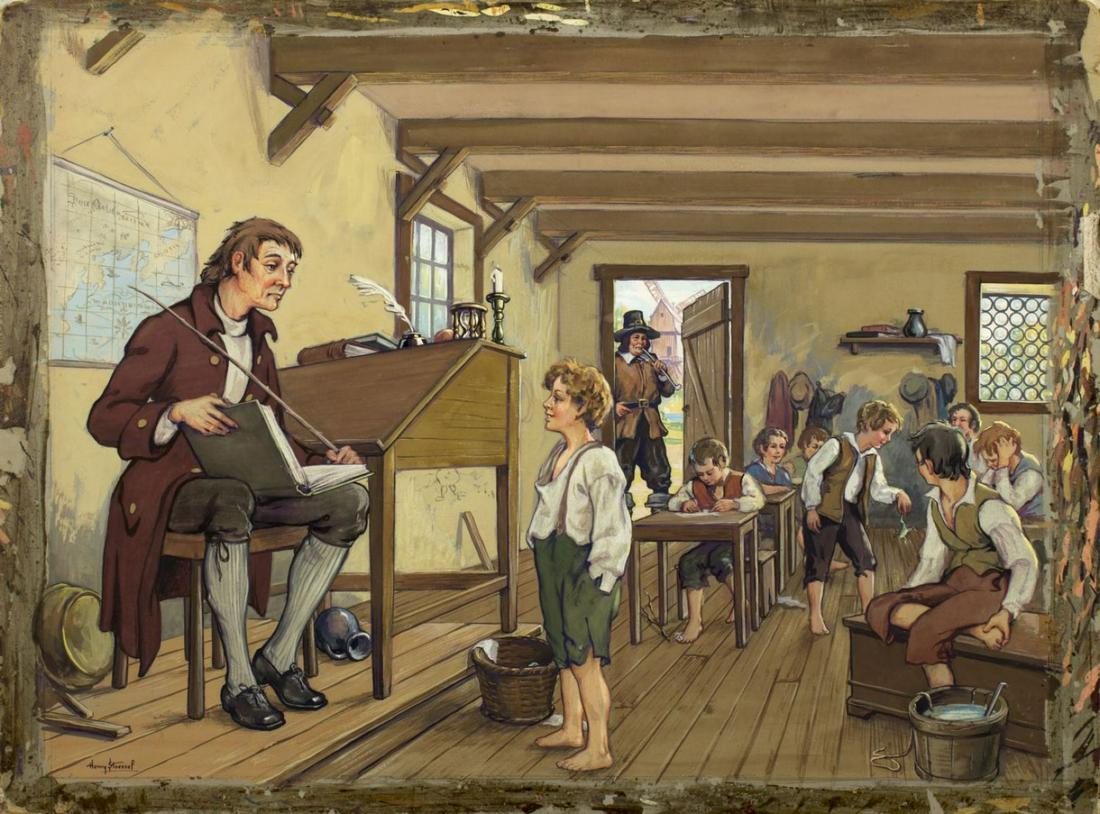 Henry Kurt Stoessel (NY,1909-1984) gouache on paper: ARTIST: Henry Kurt Stoessel (New York, Colorado, Germany, 1909 - 1984) NAME: Colonial New York City - Classroom MEDIUM: gouache on paper YEAR: 1933 CONDITION: Excellent. Some wear/damages to edges. SI