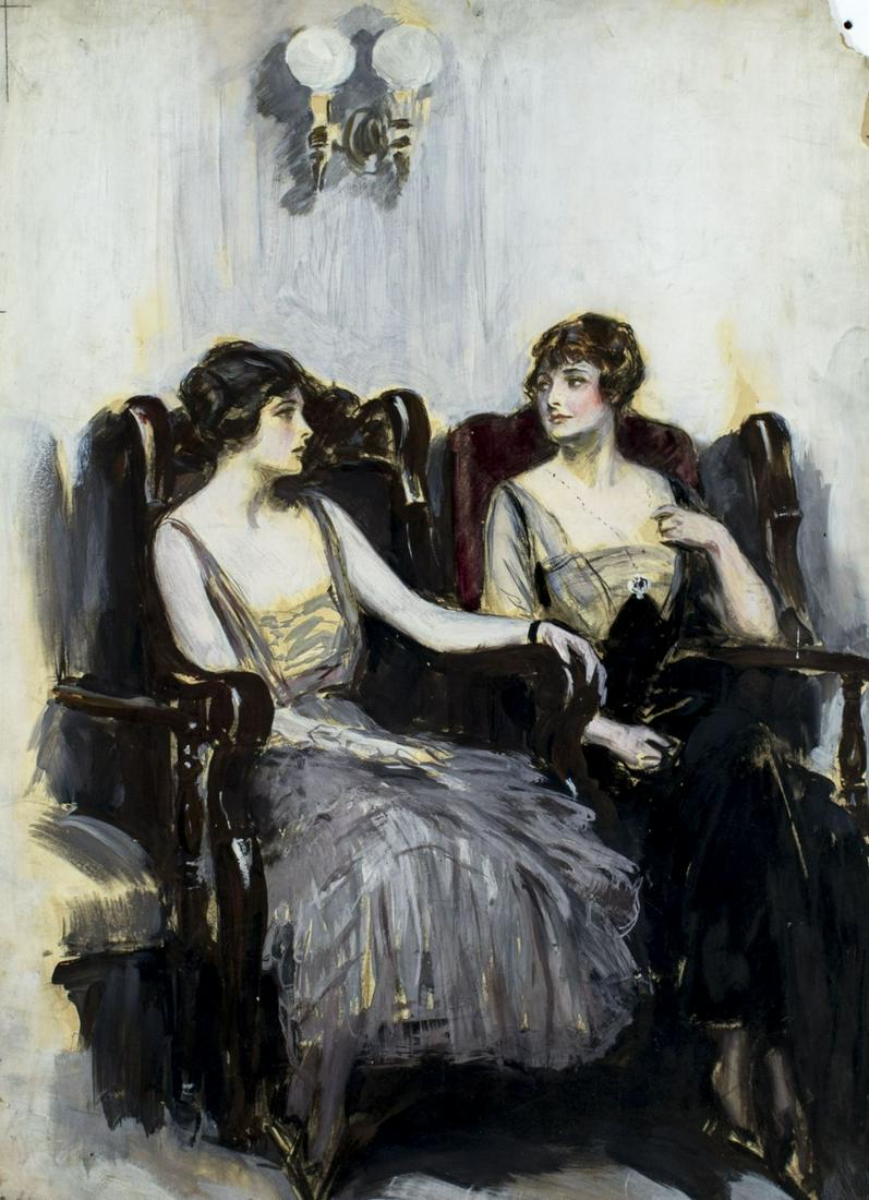Clarence Underwood (NY,1871-1929) gouache painting: ARTIST: Clarence Frederick Underwood (New York, 1871 - 1929) NAME: Illustration - Two Ladies. YEAR: Circa 1917 MEDIUM: gouache on cardboard CONDITION: Some damages to corners and edges. SIGHT SIZE: 30