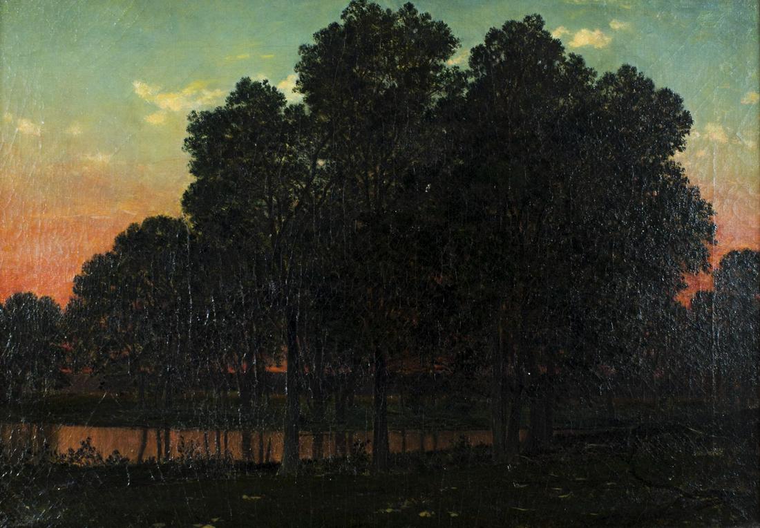 David Johnson (NY,1827-1908) oil painting antique: ARTIST: David Johnson (New York, 1827 - 1908) NAME: Landscape - Evening - Group of Young Oaks, Genesee NY YEAR: 1886 MEDIUM: oil on canvas CONDITION: Craquelure. Few scattered small inpaintings (bigge