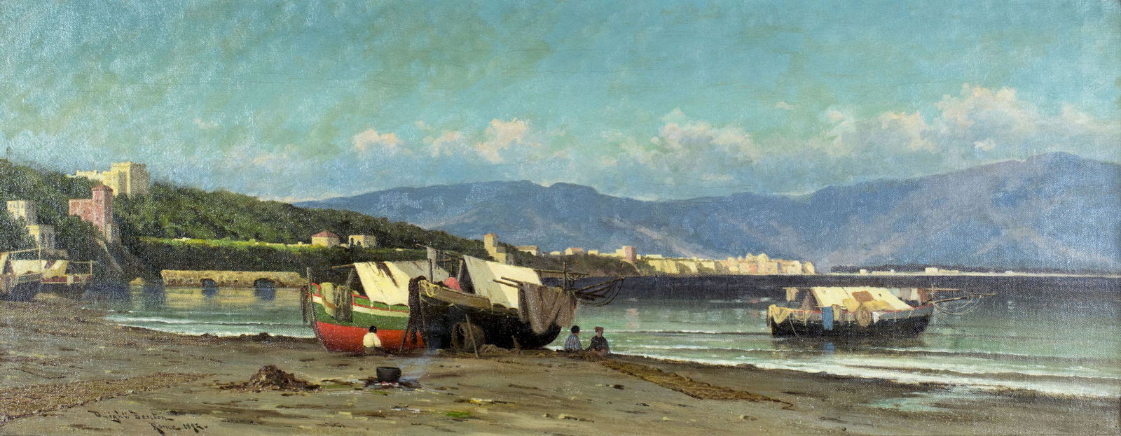 Dwight Benton (NY,1834-1903) oil painting antique: ARTIST: Dwight Benton (New York, 1834 - 1903) NAME: Landscape - Porto d'Anzio, Italy (titled on verso) YEAR: 1892 MEDIUM: oil on canvas CONDITION: Very good. Minor craquelure. No visible inpaint under