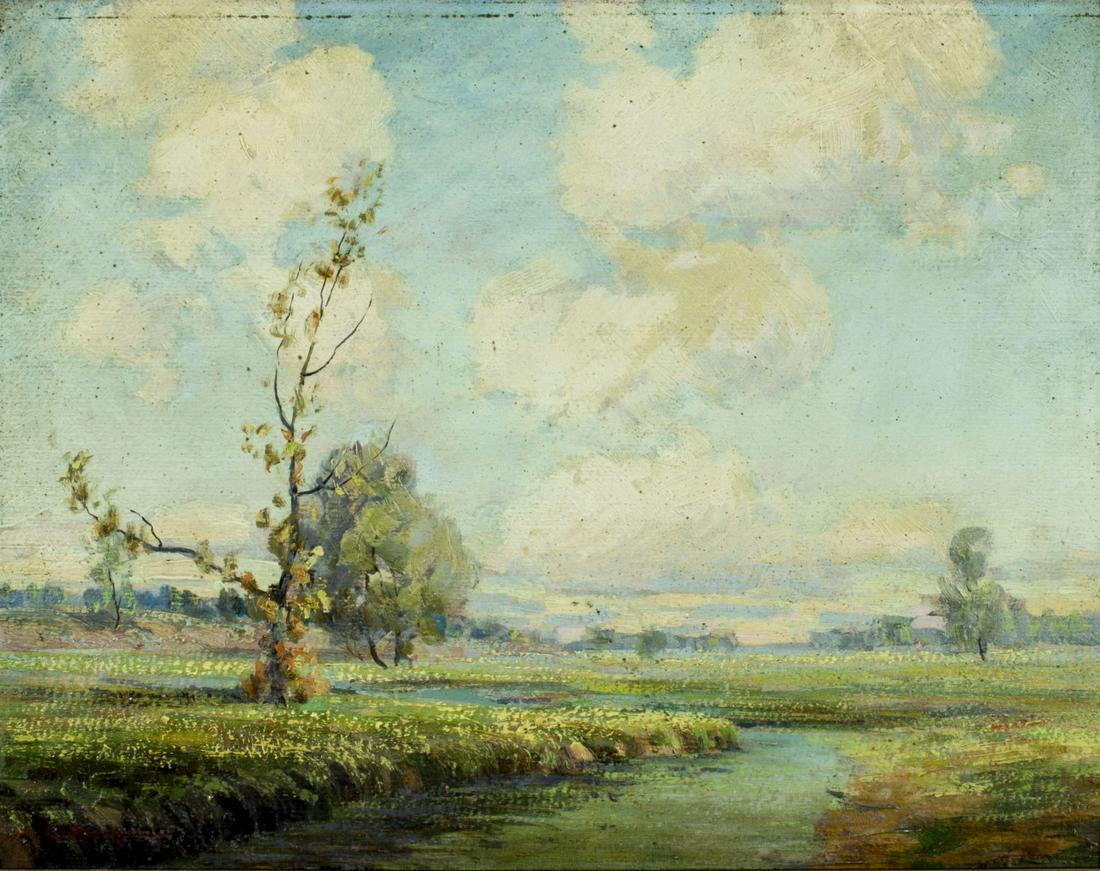 Walter Koeniger (NY,German,1881-1943) oil painting: ARTIST: Walter Koeniger (New York, Germany, 1881 - 1943) NAME: Landscape MEDIUM: oil on board CONDITION: Normal wear. No visible inpaint under UV light. SIGHT SIZE: 14 x 17 1/2 inches / 35 x 44 cm FRA