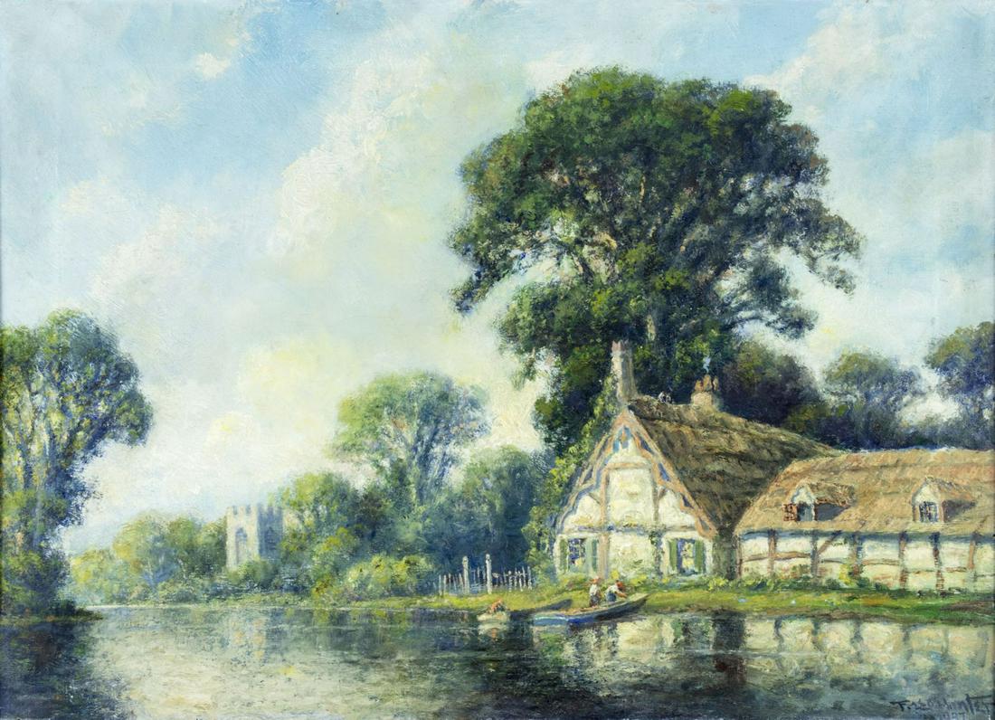 Frederick Leo Hunter (NY,1858-1943) oil painting: ARTIST: Frederick Leo Hunter (New York, 1858 - 1943) NAME: Landscape - Cottage on River Bank YEAR: 1937 MEDIUM: oil on canvas CONDITION: Some craquelure. No visible inpaint under UV light. SIGHT SIZE: