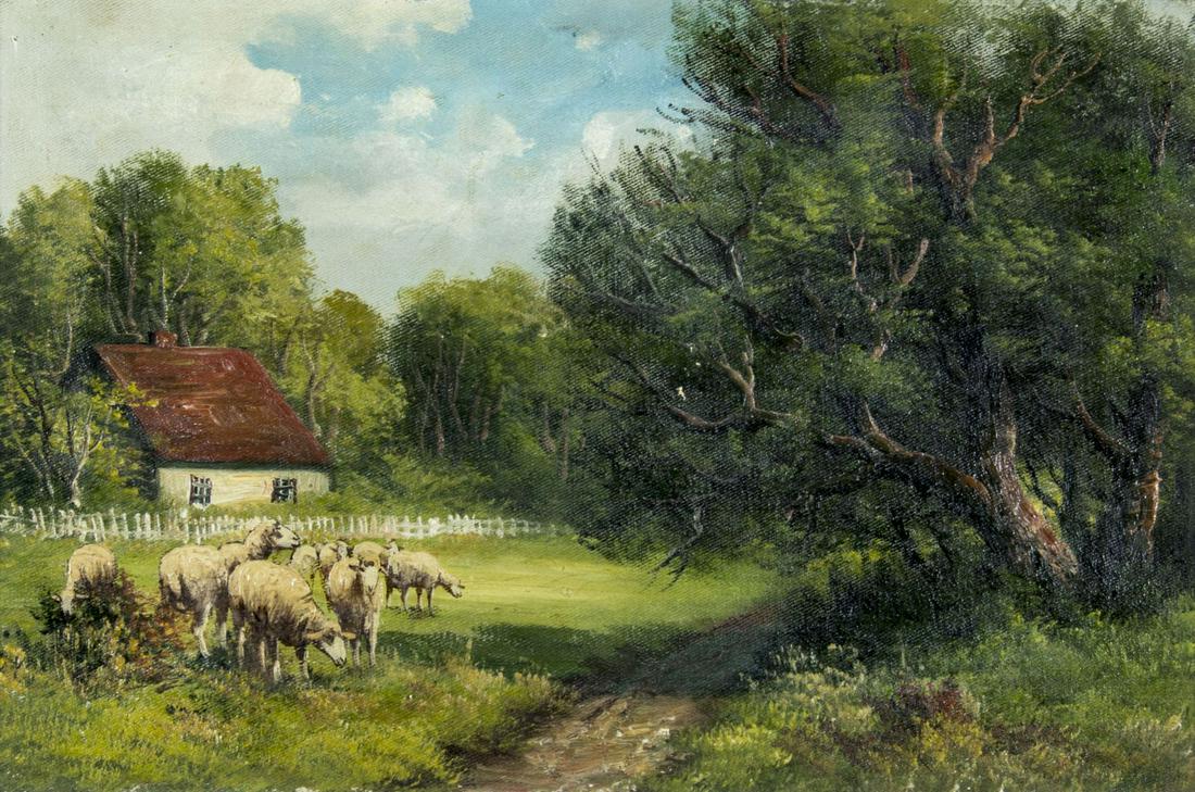19C American oil painting antique: ARTIST: - (American, 19 century) NAME: Landscape with Sheep MEDIUM: oil on canvas CONDITION: Minor craquelure. Few small dings. No visible inpaint under UV light. SIGHT SIZE: 12 x 18 inches / 30 x 45 