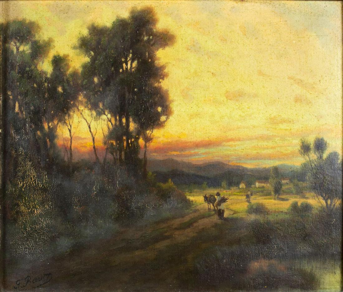 Frederick Bauer (CA,german,1857-?) oil painting: ARTIST: Frederick Bauer (California, Germany, 1857 - ?) NAME: Sunset Landscape MEDIUM: oil on canvas. Canvas applied to board. CONDITION: Excellent. Minor craquelure. No visible inpaint under UV light