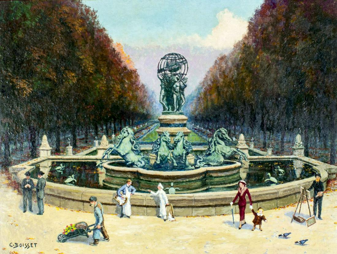 Charles Boisset (Louisiana,20C) oil painting: ARTIST: Charles L Boisset (Louisiana, 20 century) NAME: Fontaine Carpeaux, Jardin du Luxembourg, Paris MEDIUM: oil on canvas board CONDITION: Very good. No visible inpaint under UV light. SIGHT SIZE: 