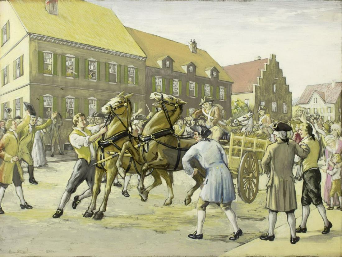 Henry Kurt Stoessel (NY,1909-1984) gouache on paper: ARTIST: Henry Kurt Stoessel (New York, Colorado, Germany, 1909 - 1984) NAME: Start of Revolutionary War MEDIUM: gouache on paper YEAR: 1933 CONDITION: Excellent. Some wear/damages to edges. SIGHT SIZE