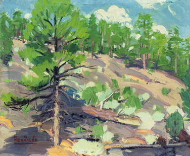 Lon Megargee (PA,CA,AZ,1883-1960) oil painting: ARTIST: Lawrence Anthony Lawrie Megargee (Pennsylvania, California, Arizona, 1883 - 1960) NAME: Landscape - Pines and Rabbit Brush (titled on verso) MEDIUM: oil on board CONDITION: Very good. No visib