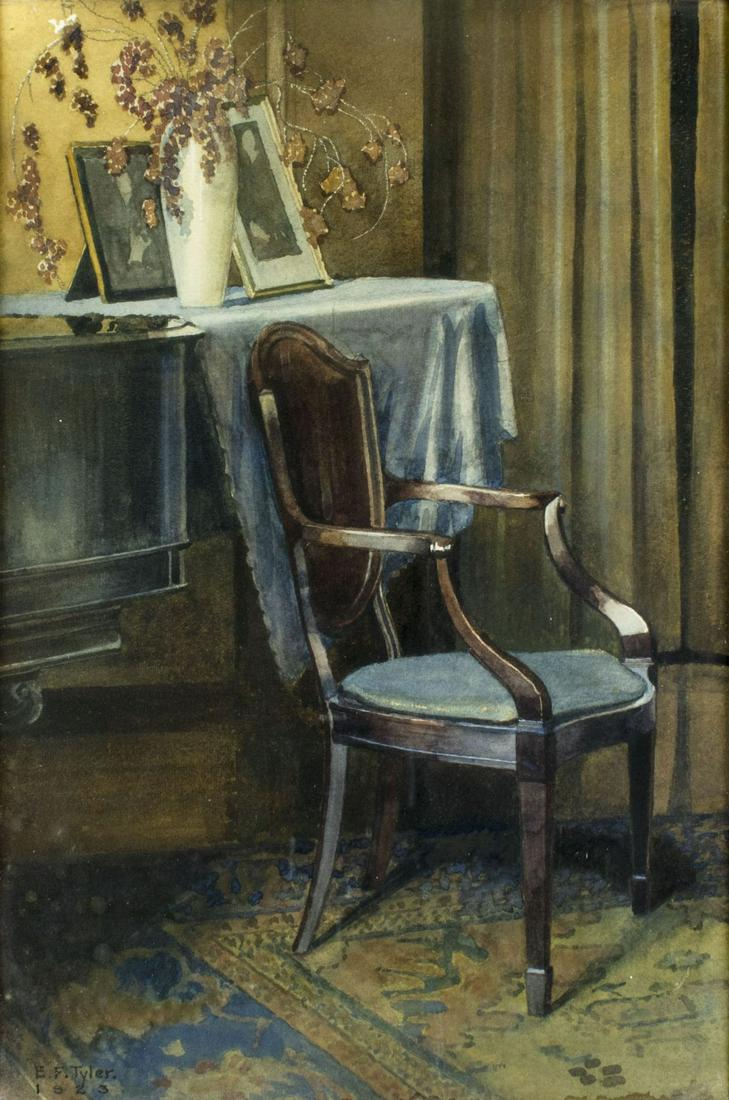 Ernest Franklin Tyler (NY,born 1879) watercolor: ARTIST: Ernest Franklin Tyler (New York, born 1879) NAME: Interior YEAR: 1923 MEDIUM: watercolor on paper CONDITION: Very good. Framed under glass. Wear to frame. SIGHT SIZE: 20 x 14 inches / 50 x 35 