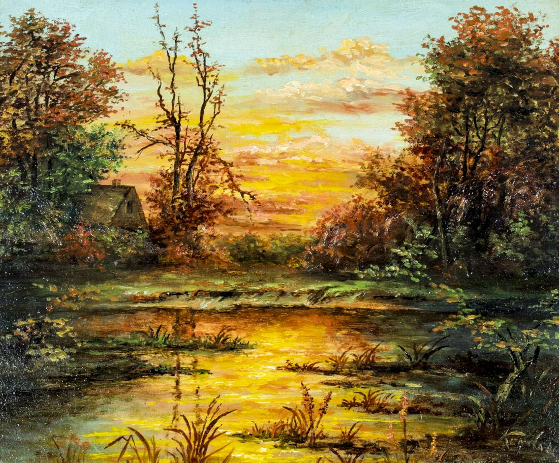 Winifred Kendall (Oregon,1872-1946) oil painting: ARTIST: Winifred Mulkey Kendall (Oregon, 1872 - 1946) NAME: Sunset Landscape - Autumn Pastoral MEDIUM: oil on board CONDITION: Very good. No visible inpaint under UV light. SIGHT SIZE: 10 x 12 inches 