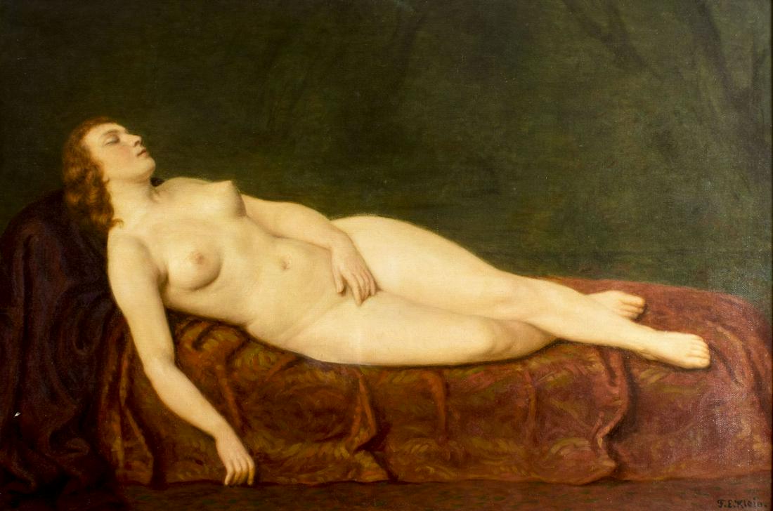 Friedrich Emil Klein (German,1841-1921) oil painting: ARTIST: Friedrich Emil Klein (Germany, 1841 - 1921) NAME: Reclining Nude MEDIUM: oil on canvas CONDITION: One patch. Few small inpainted areas (biggest 2"x1.5"). One small paint loss. SIGHT SIZE: 28 x