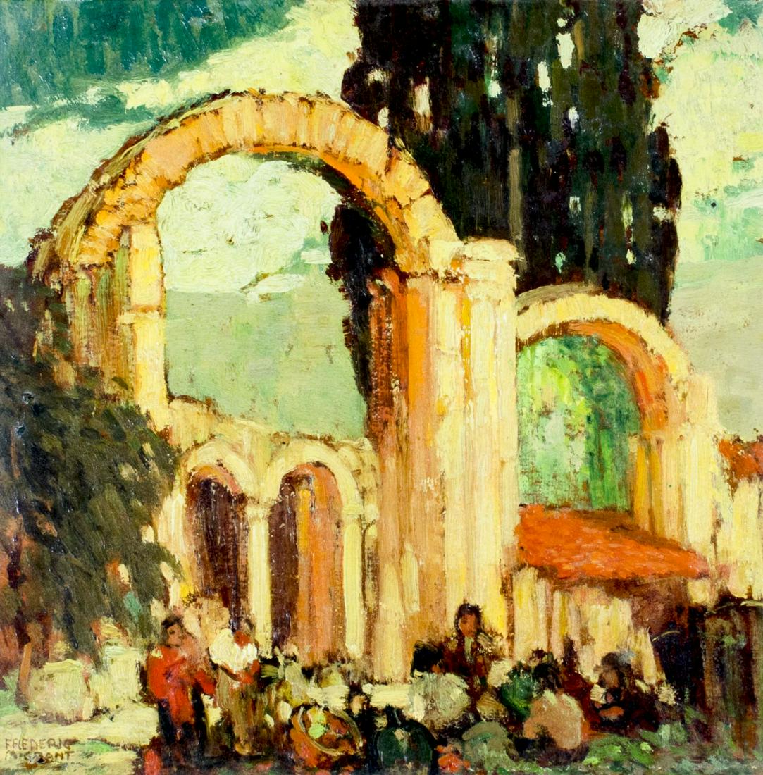 Frederick Milton Grant (CA,IL,IA,1886-1959) oil: ARTIST: Frederick Milton Grant (California, Illinois, Iowa, 1886 - 1959) NAME: Under the Arches MEDIUM: oil on board CONDITION: One very small inpainting (4x4 mm). Minor damages to frame. SIGHT SIZE: 