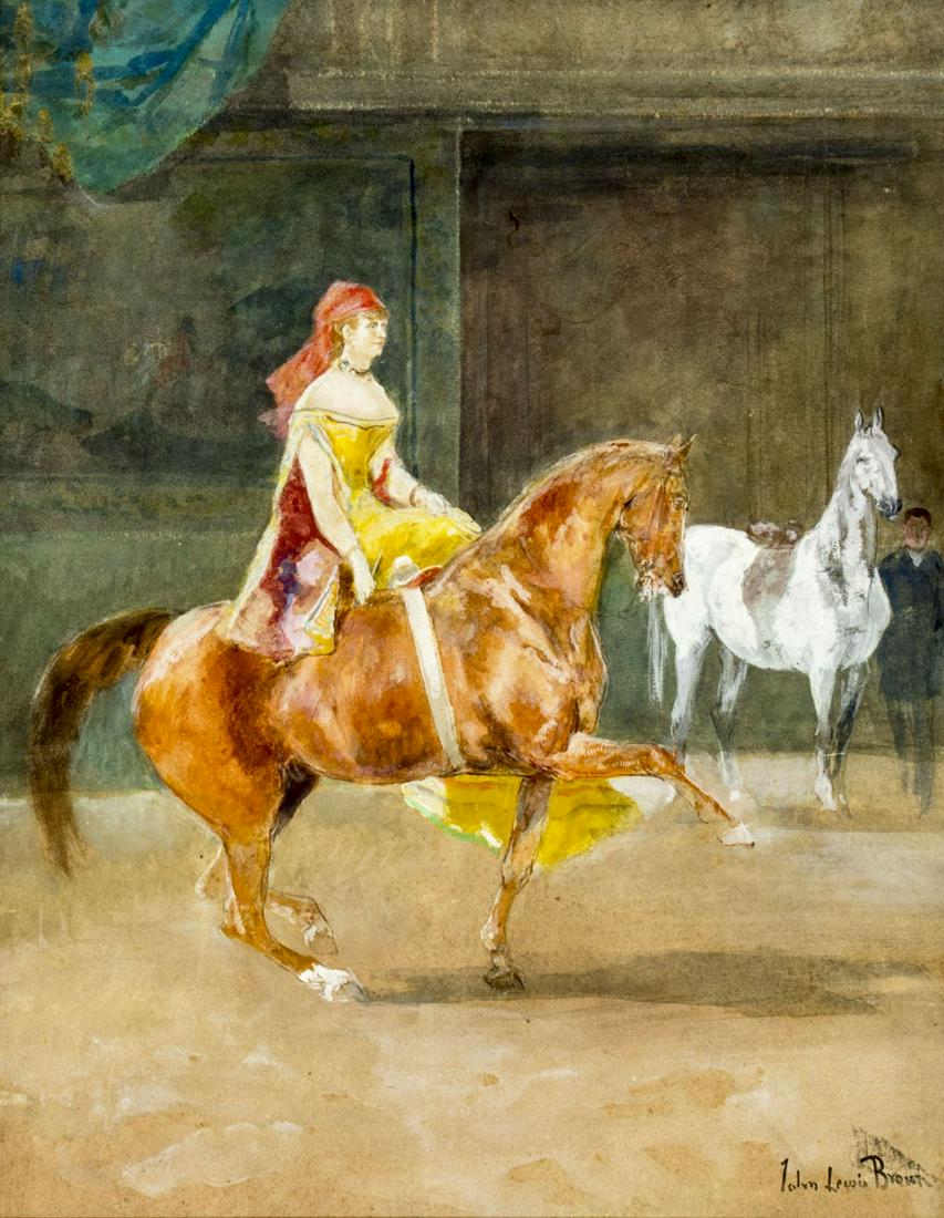John Lewis Brown (UK,France,1829-1890) watercolor: ARTIST: John Lewis Brown (Scottish, France, 1829 - 1890) NAME: Woman on Horse MEDIUM: watercolor on paper CONDITION: Some aged toning. Framed under glass. Wear to frame. SIGHT SIZE: 18 x 14 inches / 4