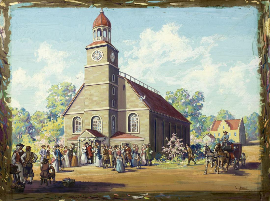 Henry Kurt Stoessel (NY,1909-1984) gouache on paper: ARTIST: Henry Kurt Stoessel (New York, Colorado, Germany, 1909 - 1984) NAME: Colonial New York City - Wedding MEDIUM: gouache on paper YEAR: 1933 CONDITION: Excellent. Some wear/damages to edges. SIGH